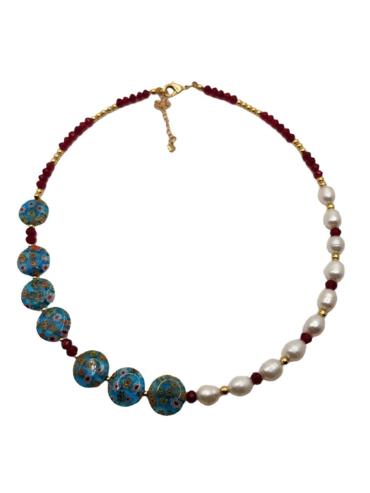 Floral Mosaic Necklace - 18k Gold Plated Stainless Steel